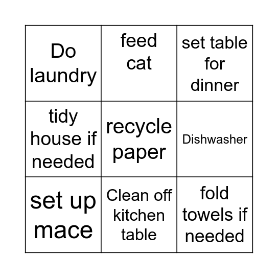 Afternoon Routine Bingo Card