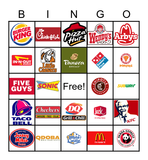 Fast Food Bingo Card