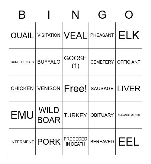 ASLdeafined.com (Types of meat / Obituary) Bingo Card