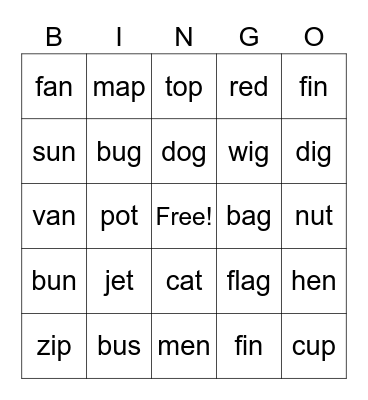 SHORT VOWEL BINGO Card