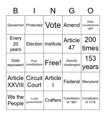 Maryland Constitution Bingo Card