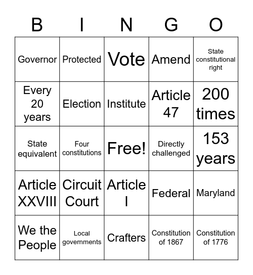 Maryland Constitution Bingo Card