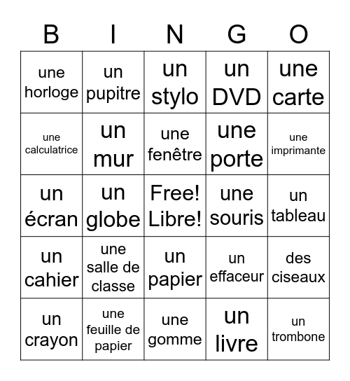 French Classroom Objects Bingo Card