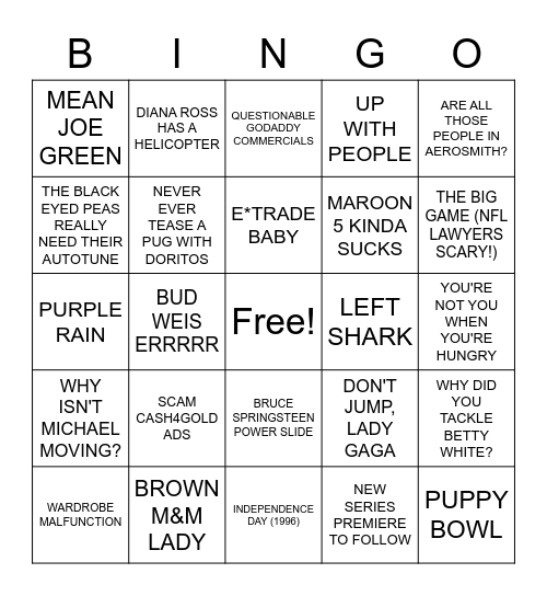 NON-FOOTBALL SUPER BOWL BINGO Card