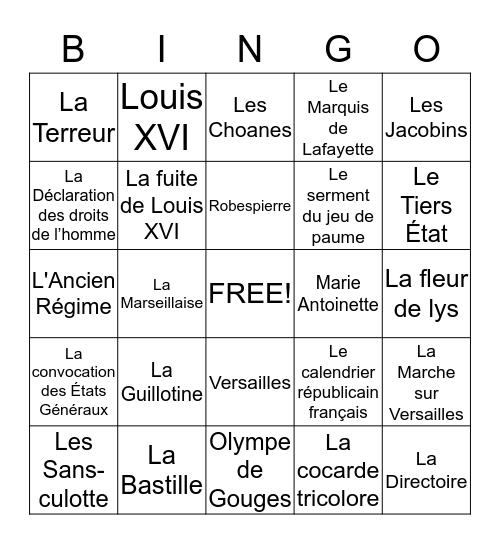 BINGO - La Révolution Française Bingo Card