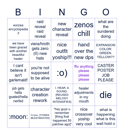FFXIV Announcement Showcase Bingo Card