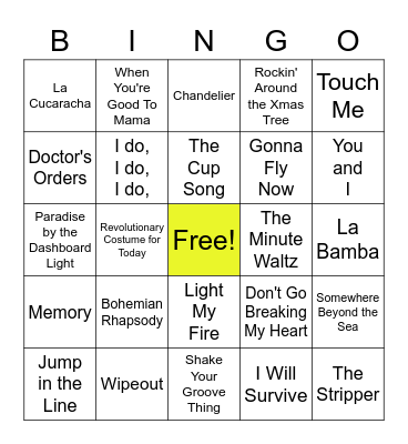 Name That Tune Bingo Card
