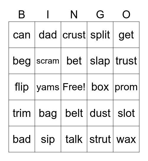 Short Vowel Words Bingo Card
