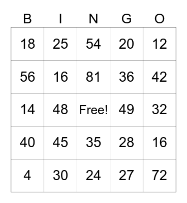 Multiplication Bingo Card