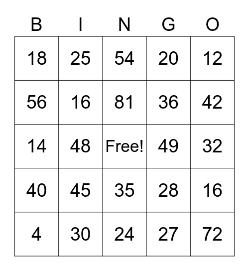 Multiplication Bingo Card