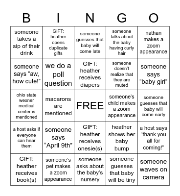 heather's baby shower bingo Card