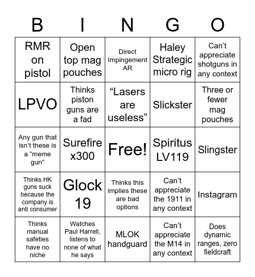 Pretentious internet gun owner Bingo Card