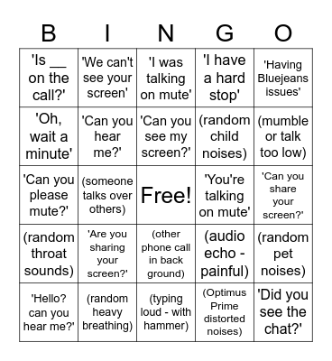 Bluejeans Bingo Card