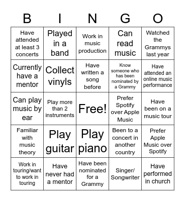 Grammy U Kickoff Bingo Card