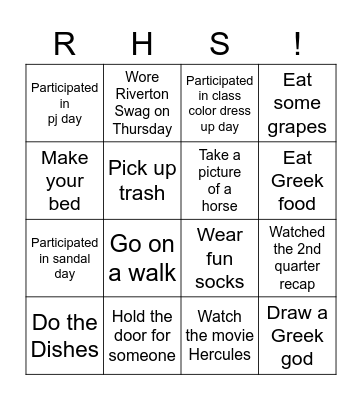 Spirit Week Bingo Card