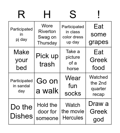 Spirit Week Bingo Card