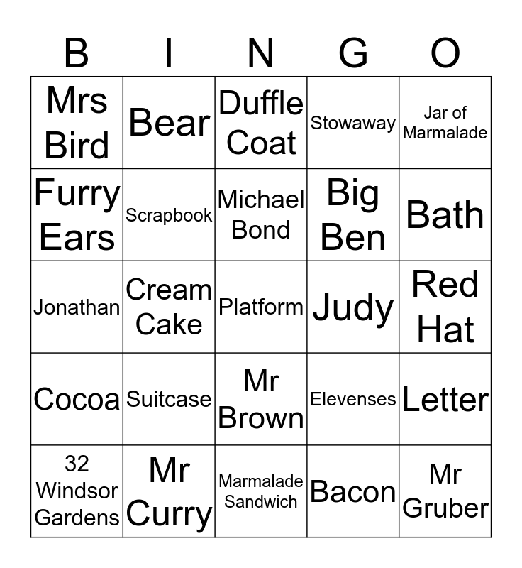 Paddington Bingo Card