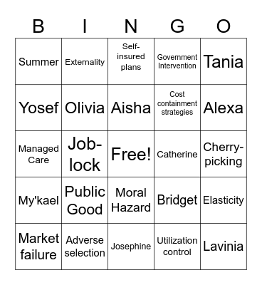Economic Concepts for Health Policy Bingo Card