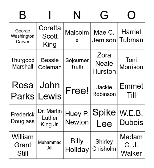 Black History Month Figures Bingo Card