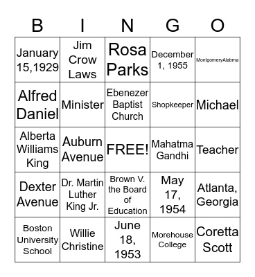 Dr. Martin Luther King Jr.  Bingo Card