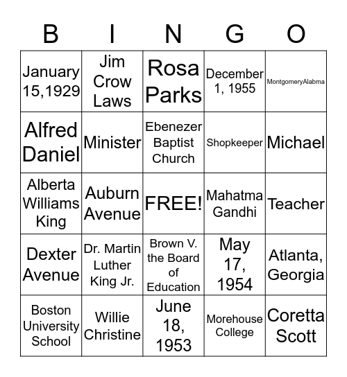 Dr. Martin Luther King Jr.  Bingo Card