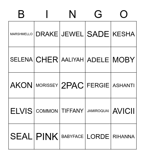 ARTISTS WITH ONE NAME Bingo Card