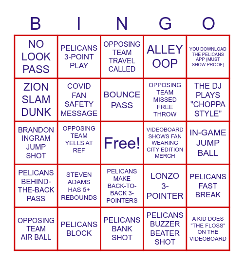 PELICANS BINGO Card