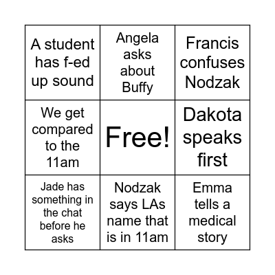 Nodzak 2pm Bingo Card