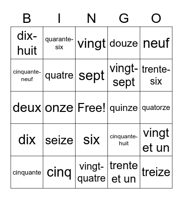 French Numbers 1-70 Bingo Card