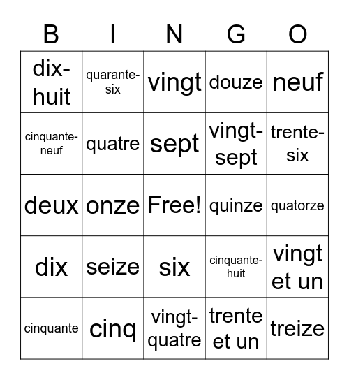 French Numbers 1-70 Bingo Card