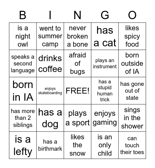 Getting To Know You Bingo Card