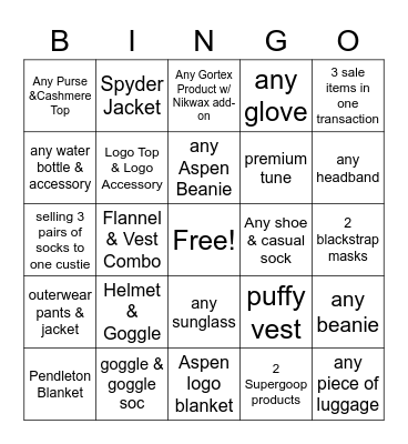 Aspen Sports Sales Bingo Card