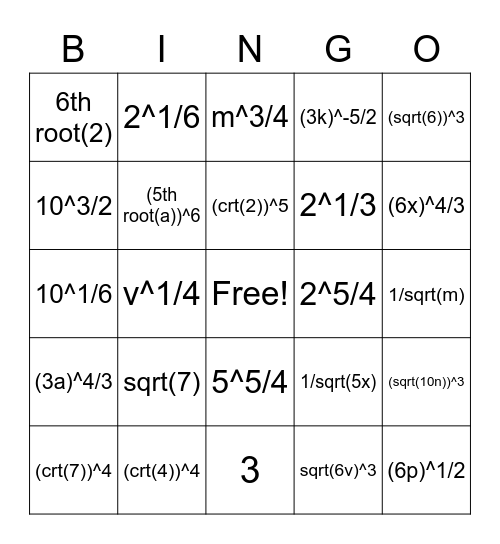 Radical and Rational Exponents Bingo Card