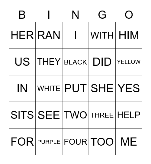 SIGHT WORDS Bingo Card