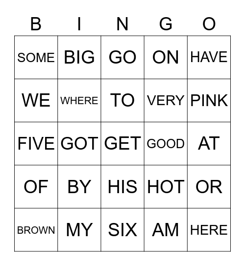 SIGHT WORDS Bingo Card