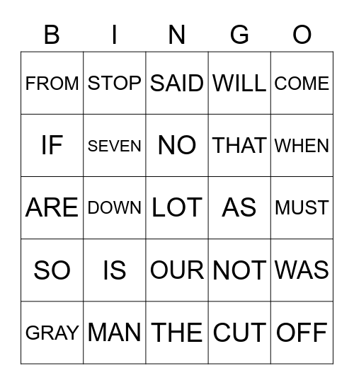 SIGHT WORDS Bingo Card