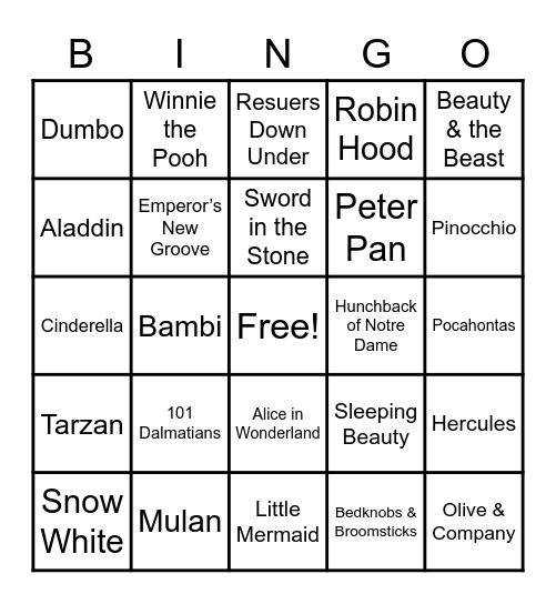 Disney Movies Bingo Card