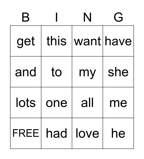 Green Sight Word Bingo Card