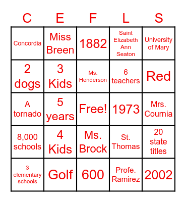 Shanley Bingo Card