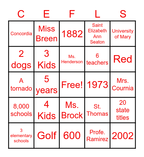 Shanley Bingo Card