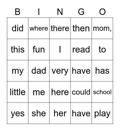 Sight Words Bingo Card