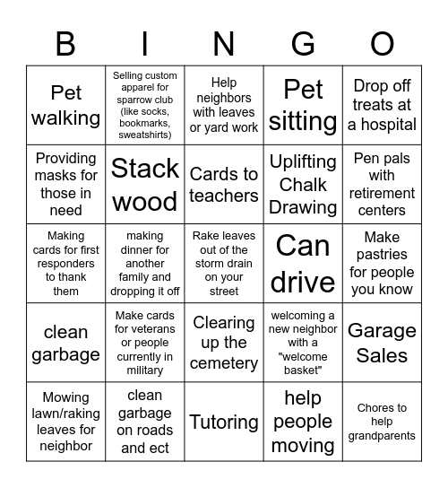 Sparrow Service Bingo Card