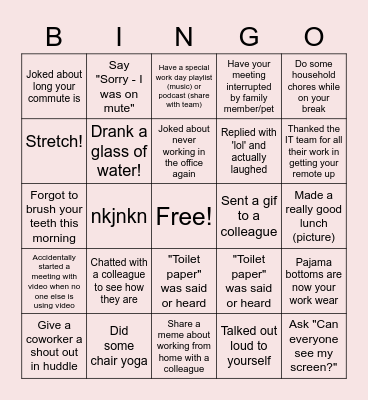 Remote Work Bingo Card