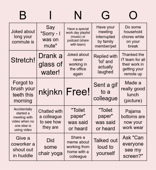 Remote Work Bingo Card