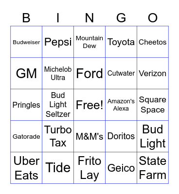 Superbowl Commercial Bingo Card