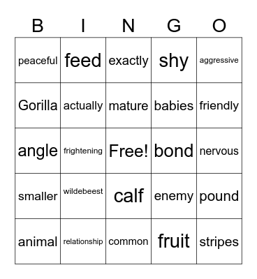 African Gnu & Gorilla Bingo Card