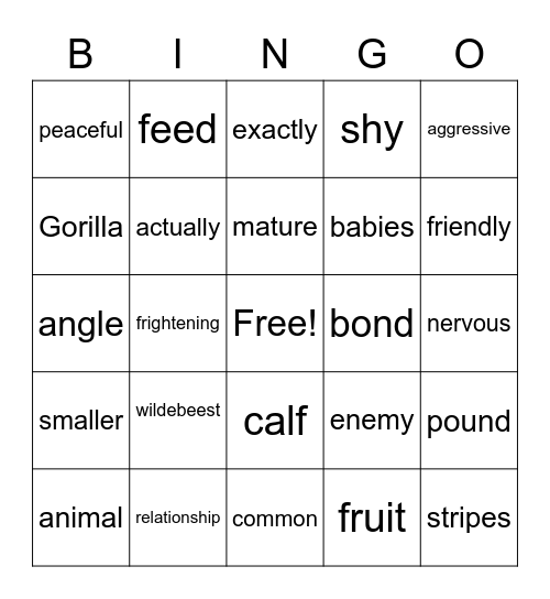 African Gnu & Gorilla Bingo Card