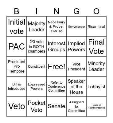 Legislative Branch Bingo Card