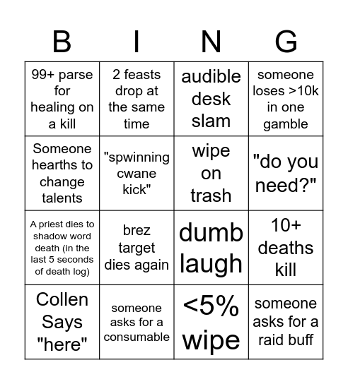 Raid Bing Bingo Card