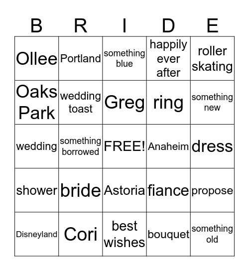 Cori+Greg=Happily Ever After Bingo Card